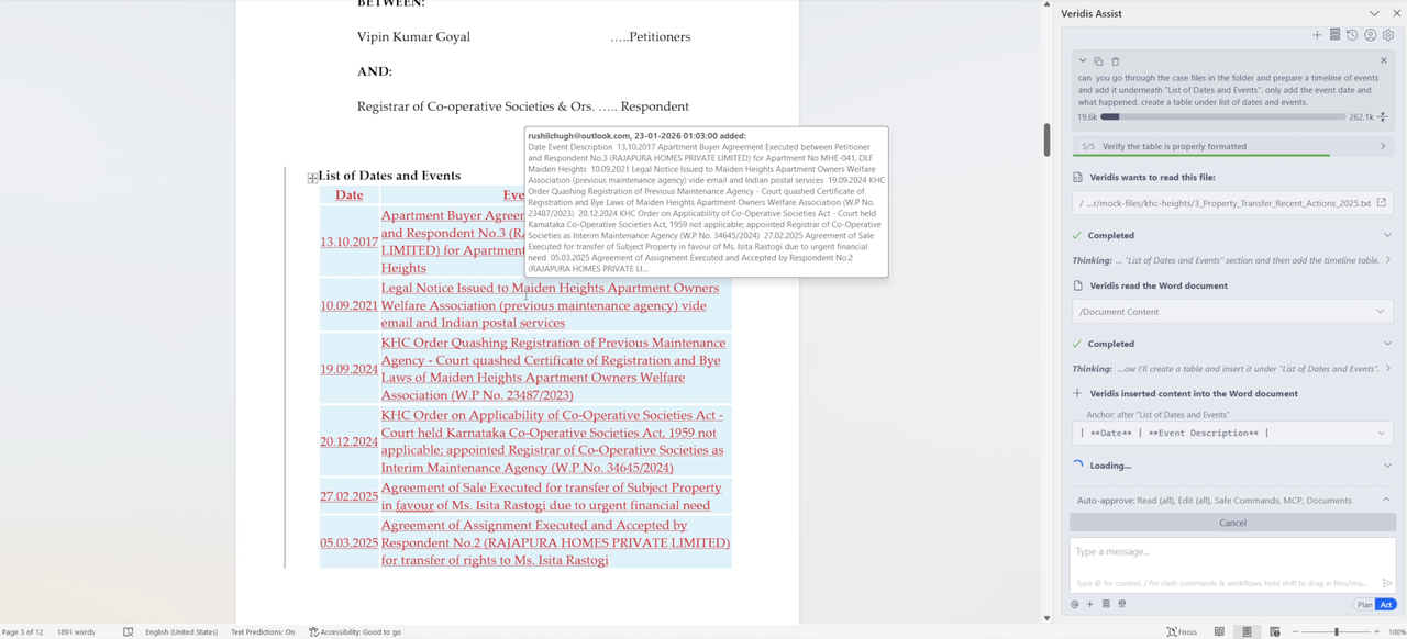 Veridis building a timeline of events from case files inside Microsoft Word